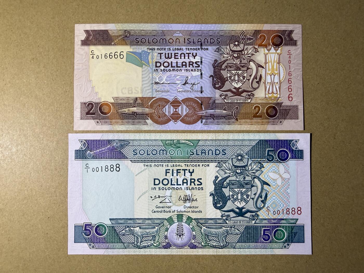 《艾美收藏》第232期-2.22周日外币靓号精品场(春节首拍) 豹子号 所罗门20、50元2张 UNC 一张狮子号 一张无47豹子号888