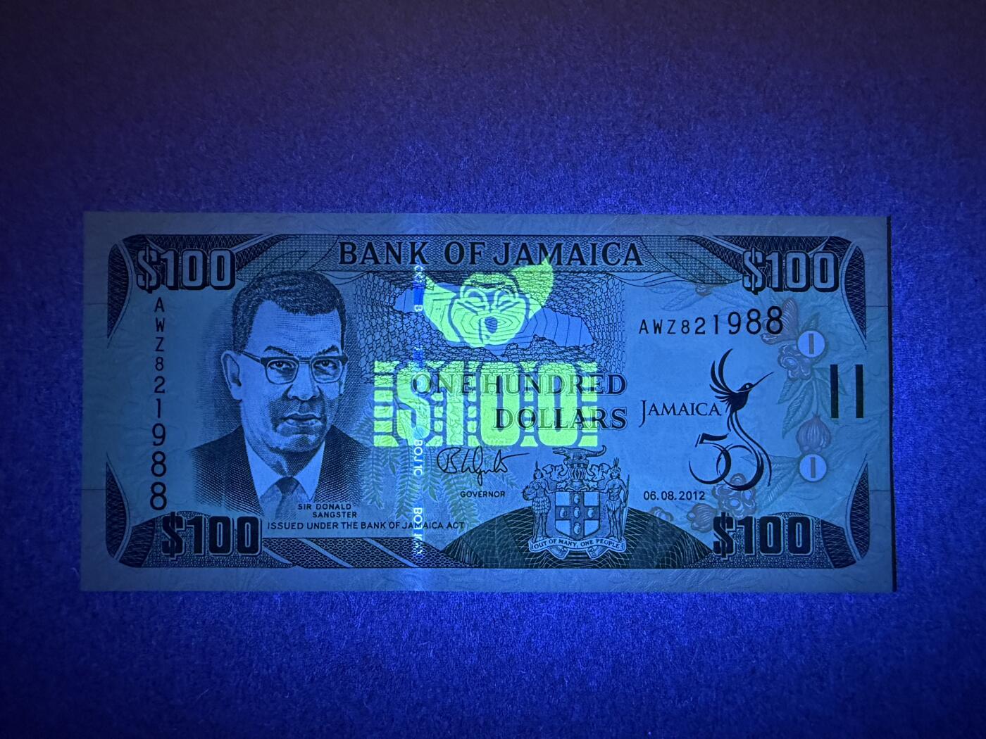 《艾美收藏》第232期-2.22周日外币靓号精品场(春节首拍) 牙买加100元 UNC 2012年 牙买加独立50周年纪念钞 无47双尾88