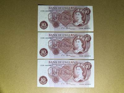 《艾美收藏》第232期-2.22周日外币靓号精品场(春节首拍) - 英格兰10先令3张 UNC- C序列 连号3张 全程无47 局部荧光