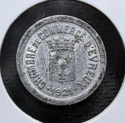 外国优质老铜币银币，周日九点倒数截拍，满百包邮，持续收拍，初八发货 - 法国1921年埃夫勒商会发行的 5 生丁紧急代用币。一战后法国经济凋敝，地方商会发行此类铝币以缓解货币短缺。正面的麦穗象征农业与民生，背面的城徽与年份则见证了战后地方经济的自救与过渡。