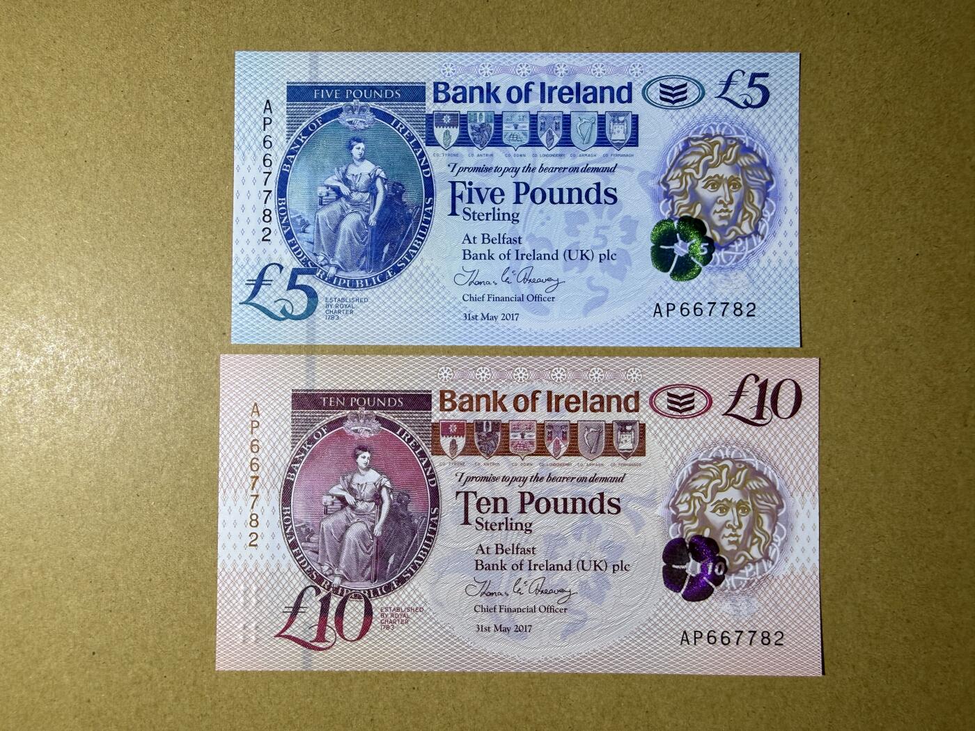 《艾美收藏》第232期-2.22周日外币靓号精品场(春节首拍) 北爱尔兰5、10镑2张 UNC 爱尔兰银行塑料钞 无4全同号