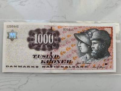 春节钱币瓷器清货捡漏拍场 - 老版丹麦1000克朗 基本全新未流通品相 但是正面上方中间有一点点撕裂见图