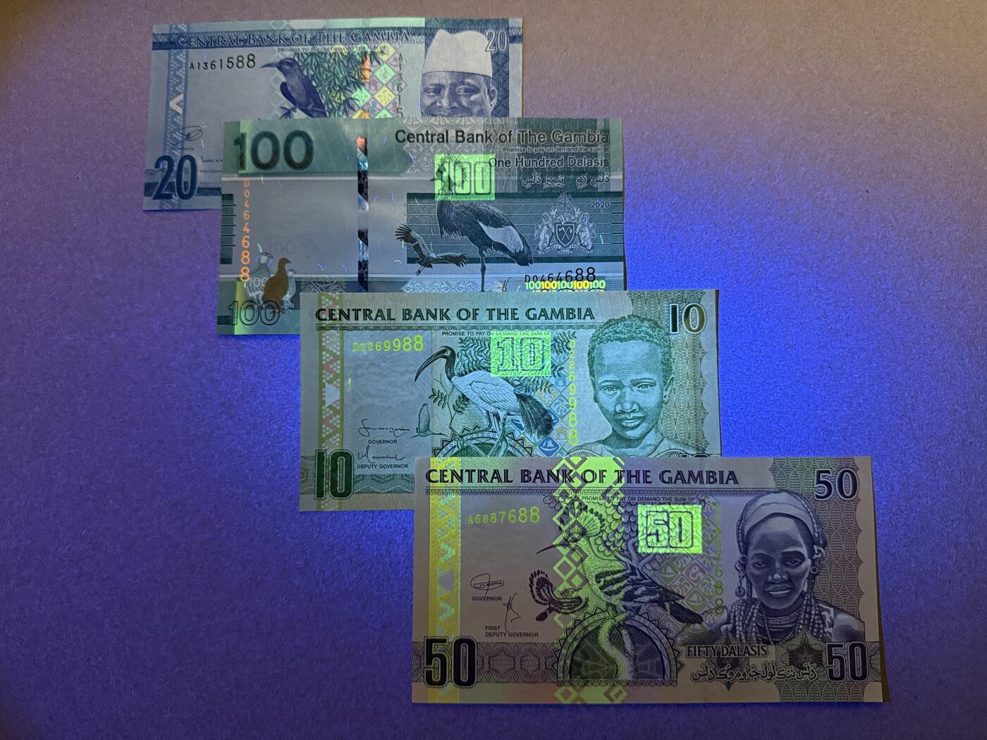 《艾美收藏》第232期-2.22周日外币靓号精品场(春节首拍) 冈比亚纸币4张 UNC 不同年份版本 全部双尾88