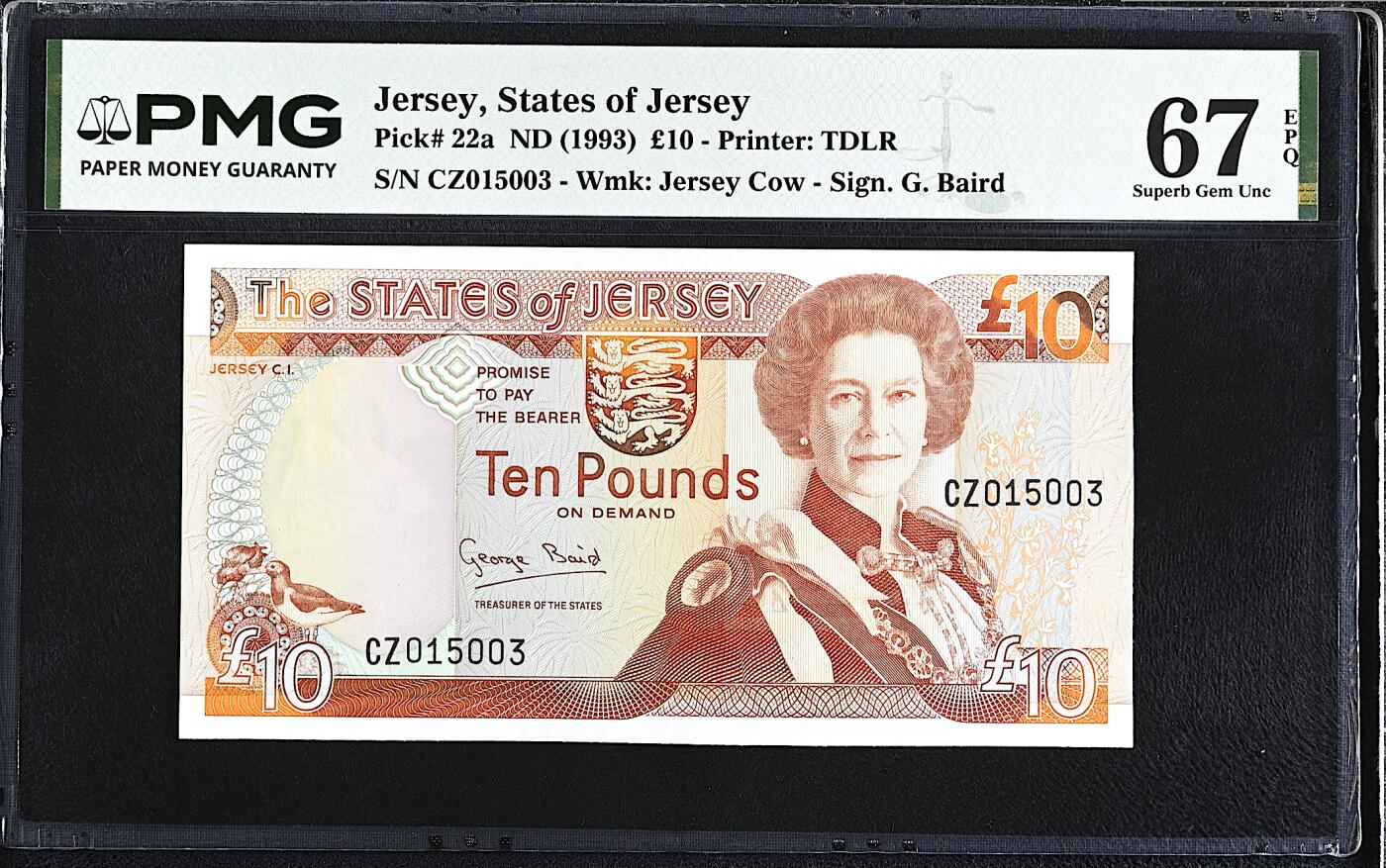 《艾美收藏》第232期-2.22周日外币靓号精品场(春节首拍) 泽西10镑 PMG67E 1993年 女王 无47
