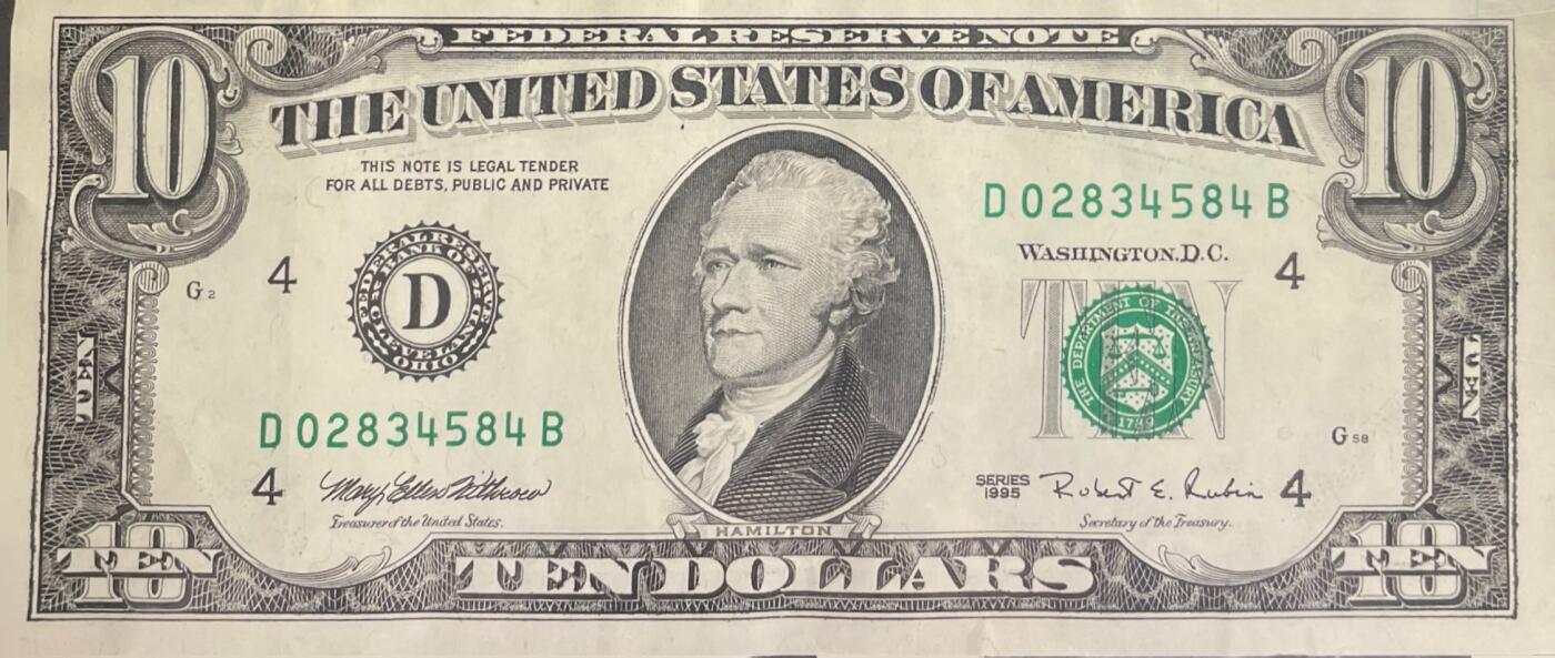 回流0301  1995年版10美元联邦储备券三连号（¥207元）克利夫兰联邦储备银行（字母“D”，数字标识“4”）