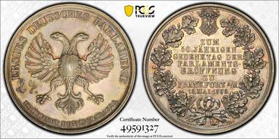 万国钱币拍卖第061期（马年首拍） - PCGS SP63 1898年德国法兰克福纪念保罗教堂议会开幕50周年大银章 高浮雕法兰克福双头鹰英姿飒爽 通体原味均匀德式五彩极美 罕见品种收藏级