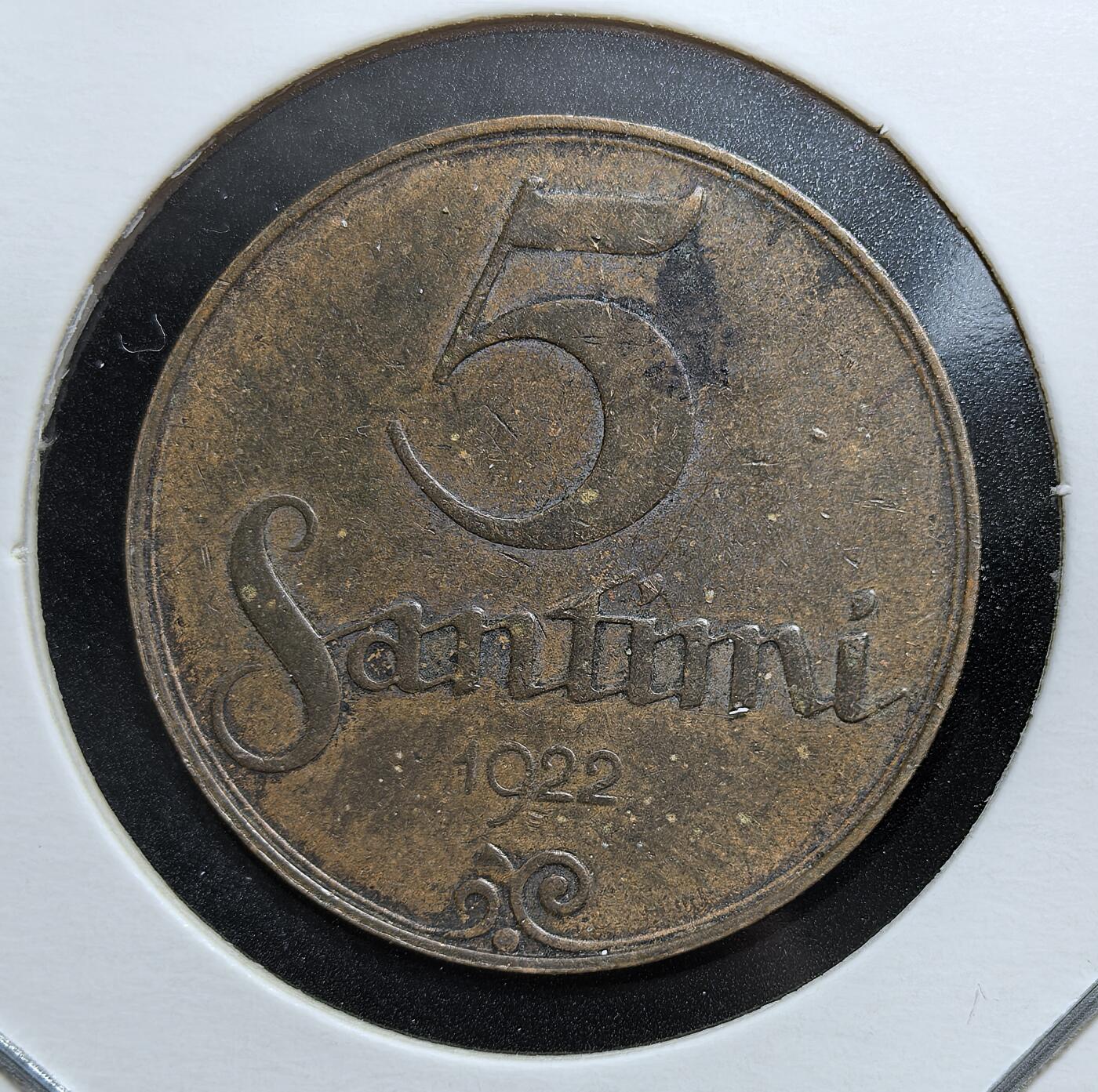 外国优质老铜币银币，周日九点倒数截拍，满百包邮，持续收拍，初八发货 拉脱维亚1922年5分铜币，见证了拉脱维亚在两次世界大战之间短暂的独立时期。
