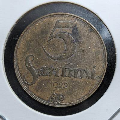 外国优质老铜币银币，周日九点倒数截拍，满百包邮，持续收拍，初八发货 - 拉脱维亚1922年5分铜币，见证了拉脱维亚在两次世界大战之间短暂的独立时期。