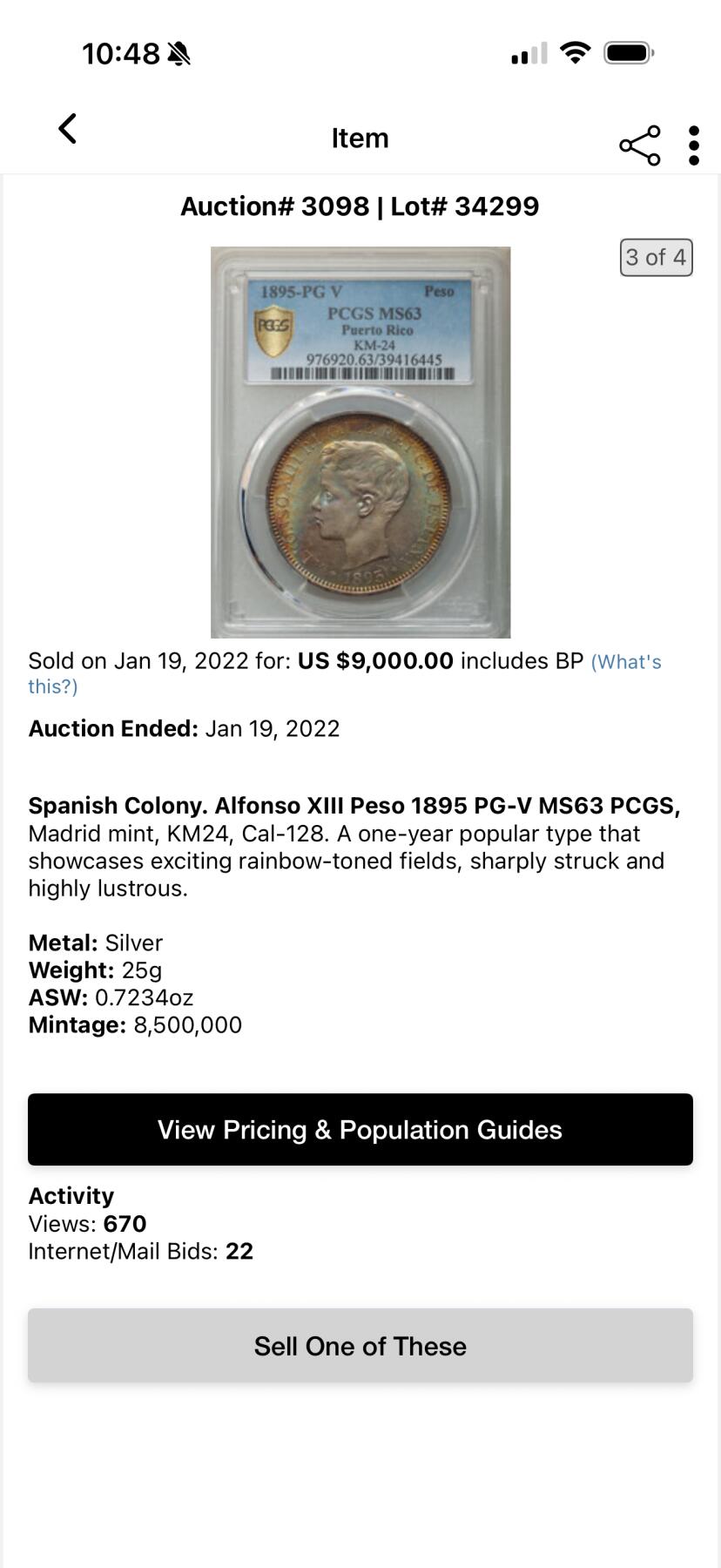 万国钱币拍卖第061期（马年首拍） PCGS MS63 1895年西属波多黎各阿方索十三世1比索大银 难得一见的后期西属大银品种 极美孔雀绿五彩裹身 PCGS古董老白盒顶级状态 22年HA同分成交价9000美金