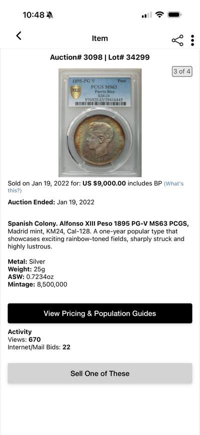 万国钱币拍卖第061期（马年首拍） PCGS MS63 1895年西属波多黎各阿方索十三世1比索大银 难得一见的后期西属大银品种 极美孔雀绿五彩裹身 PCGS古董老白盒顶级状态 22年HA同分成交价9000美金