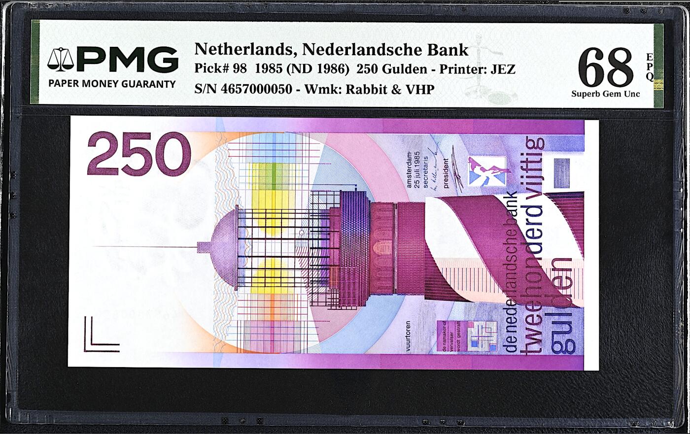 《艾美收藏》第232期-2.22周日外币靓号精品场(春节首拍) 荷兰250盾 PMG68E 1985年 经典