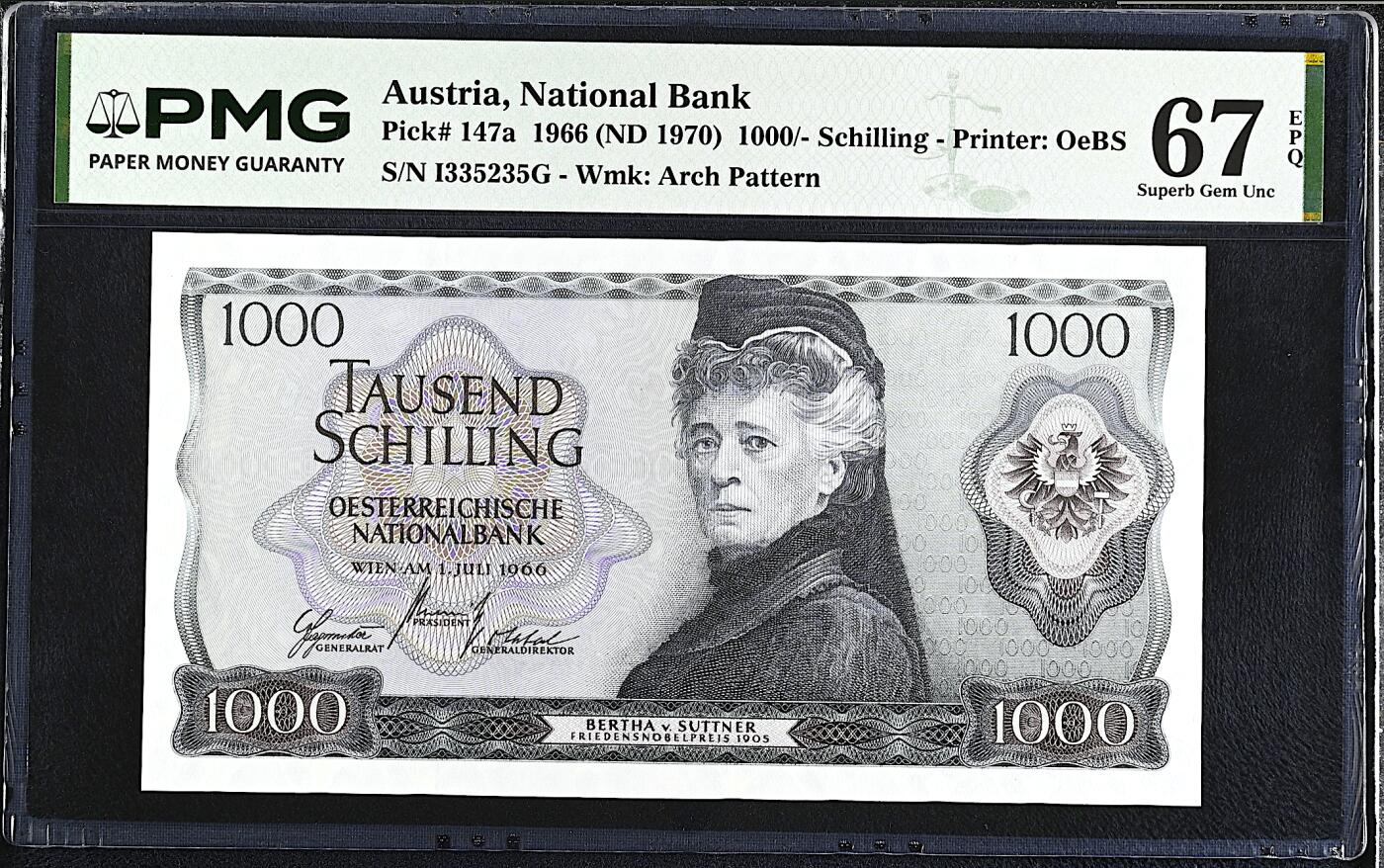 《艾美收藏》第232期-2.22周日外币靓号精品场(春节首拍) 奥地利1000先令 PMG67E 1966年 奥地利女作家苏特纳 无47