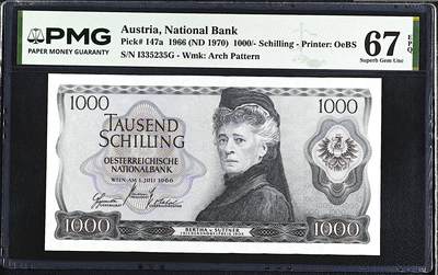 《艾美收藏》第232期-2.22周日外币靓号精品场(春节首拍) - 奥地利1000先令 PMG67E 1966年 奥地利女作家苏特纳 无47