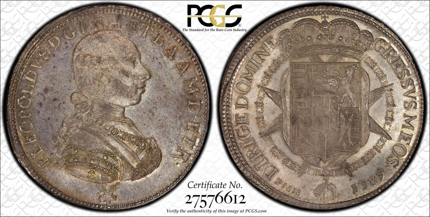 万国钱币拍卖第061期（马年首拍） PCGS MS64+ 1789年意大利托斯卡纳大公国利奥波德弗朗切斯科大银 正面为日后的神圣罗马帝国皇帝利奥波德二世身穿戎装佩戴金羊毛骑士团徽章 下方是一头灵动的独角兽 背面为繁复精美的奥地利托斯卡纳混合盾徽 极其原味的欧陆纸袋倒影包浆 丝绸转光地板 PCGS老评水晶盒唯一冠军分顶级收藏品质