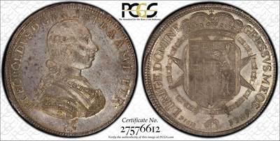 万国钱币拍卖第061期（马年首拍） - PCGS MS64+ 1789年意大利托斯卡纳大公国利奥波德弗朗切斯科大银 正面为日后的神圣罗马帝国皇帝利奥波德二世身穿戎装佩戴金羊毛骑士团徽章 下方是一头灵动的独角兽 背面为繁复精美的奥地利托斯卡纳混合盾徽 极其原味的欧陆纸袋倒影包浆 丝绸转光地板 PCGS老评水晶盒唯一冠军分顶级收藏品质