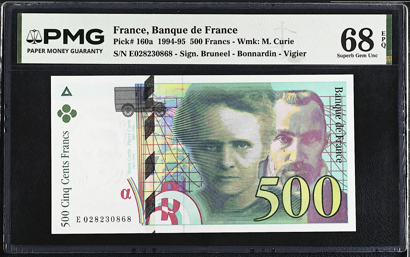 《艾美收藏》第232期-2.22周日外币靓号精品场(春节首拍) 法国500法郎 PMG68E 1994年 居里夫妇 无47尾8