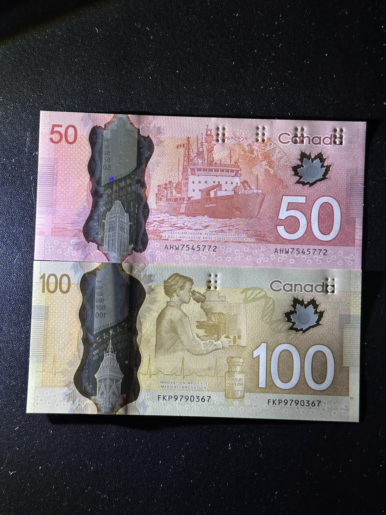 《外钞收藏家》第六百一十二期（ 精选场）（长期征集拍品、欢迎藏友们联系合作） 加拿大塑料钞50和100元 2张一起 全新UNC