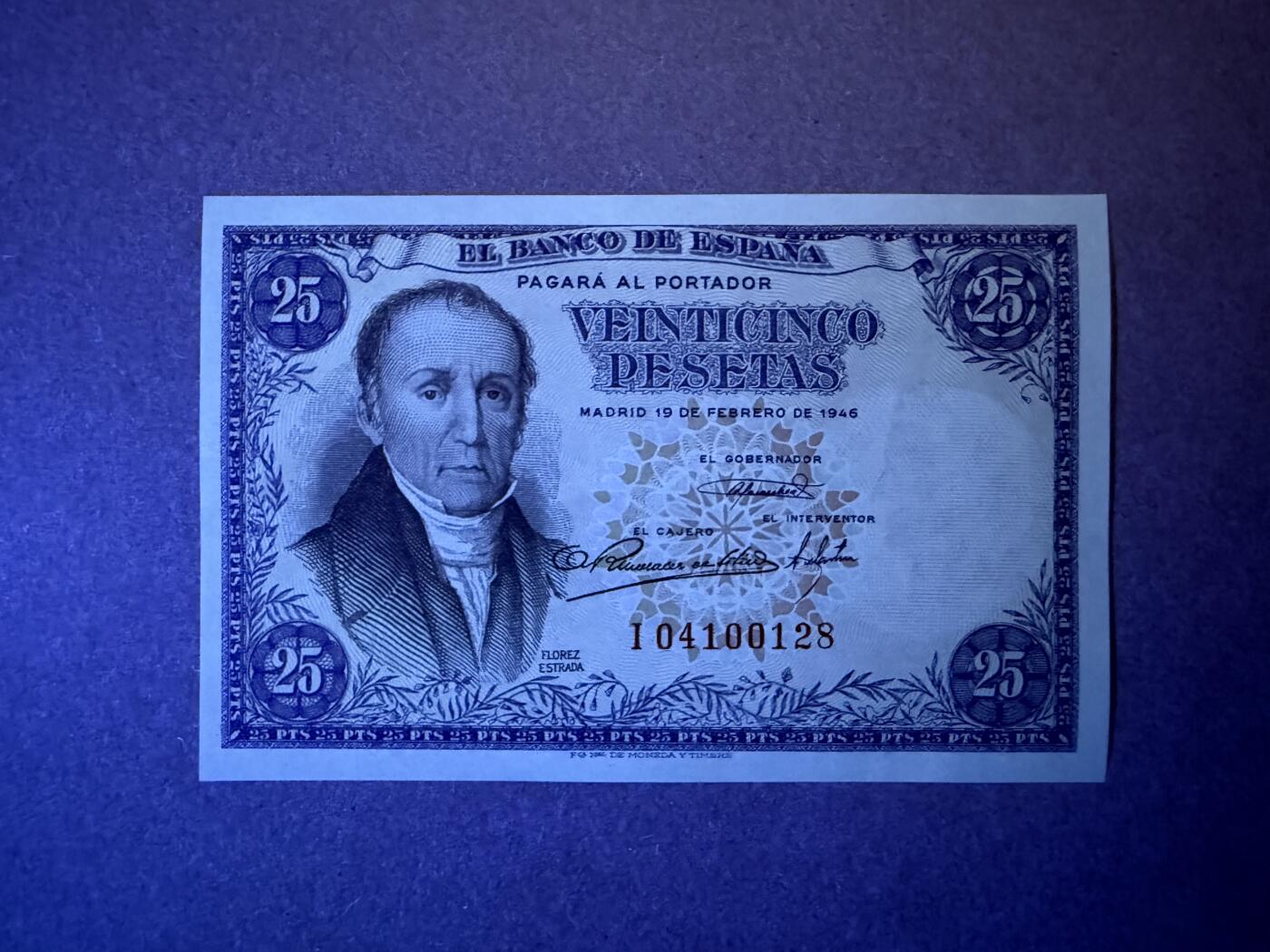 《艾美收藏》第232期-2.22周日外币靓号精品场(春节首拍) 西班牙25比塞塔 UNC 1946年 西班牙经济学家埃斯特拉达