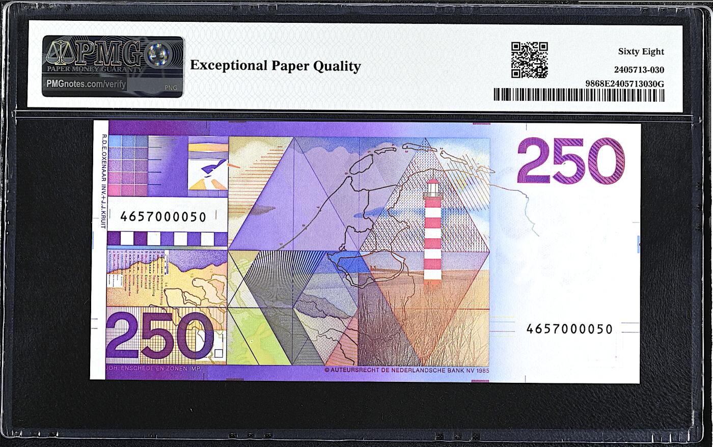 《艾美收藏》第232期-2.22周日外币靓号精品场(春节首拍) 荷兰250盾 PMG68E 1985年 经典