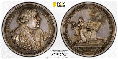 万国钱币拍卖第061期（马年首拍） - PCGS MS62 1717年德国纽伦堡宗教改革200周年纪念大银章 正面宗教领袖马丁·路德高浮雕侧相 背面宗教女神跪像手持圣经面向耶和华之光 罕见早期新教改革品种 高浮雕欧陆五彩收藏级 PC唯一冠军分
