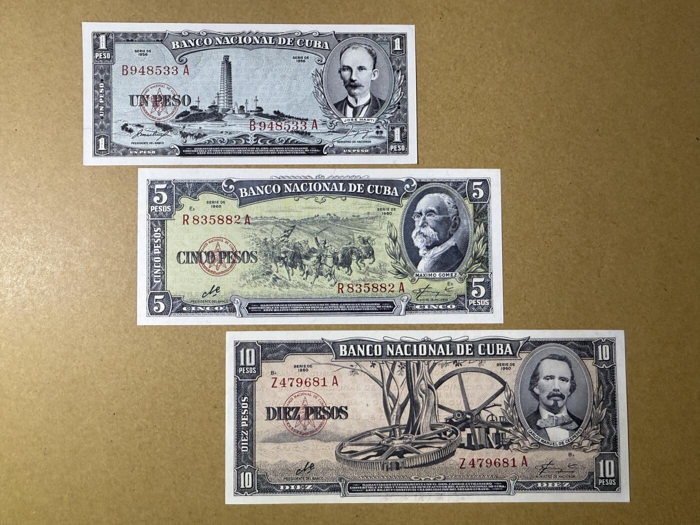 《艾美收藏》第232期-2.22周日外币靓号精品场(春节首拍) 古巴1、5、10元3张 UNC 1960年老版本 5面值的边缘轻微荧光