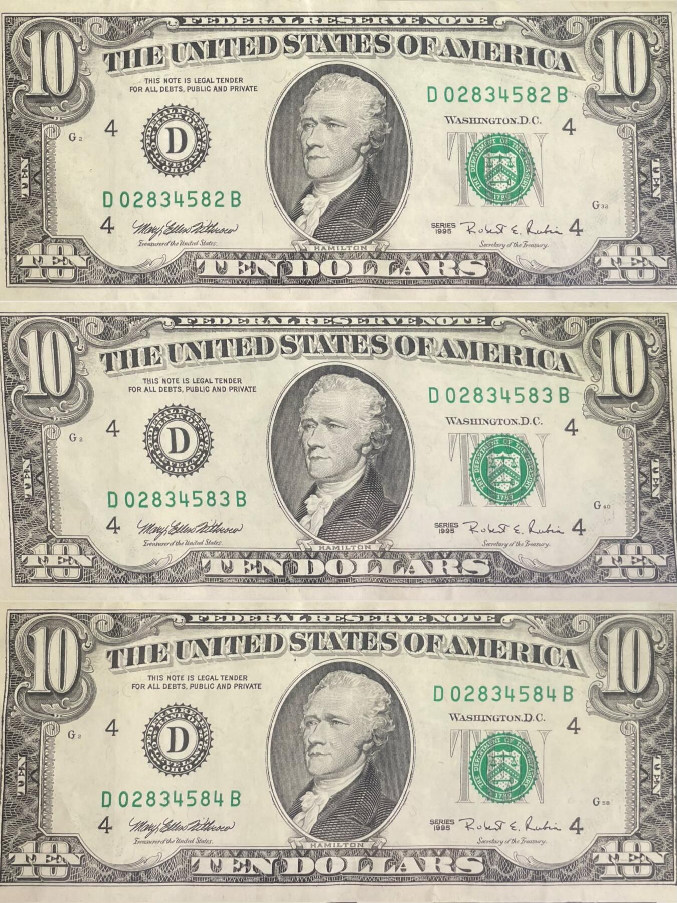 回流0301  1995年版10美元联邦储备券三连号（¥207元）克利夫兰联邦储备银行（字母“D”，数字标识“4”）