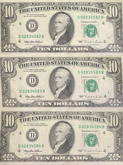 回流0301 -  1995年版10美元联邦储备券三连号（¥207元）克利夫兰联邦储备银行（字母“D”，数字标识“4”）