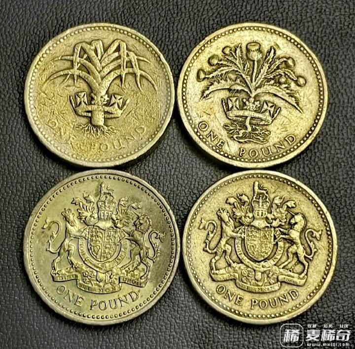 英国1983、84、85、2003年1英磅加厚靓品硬币4枚一组：包括1983年无竖纹稀缺版别及2003年近原光稀有版别