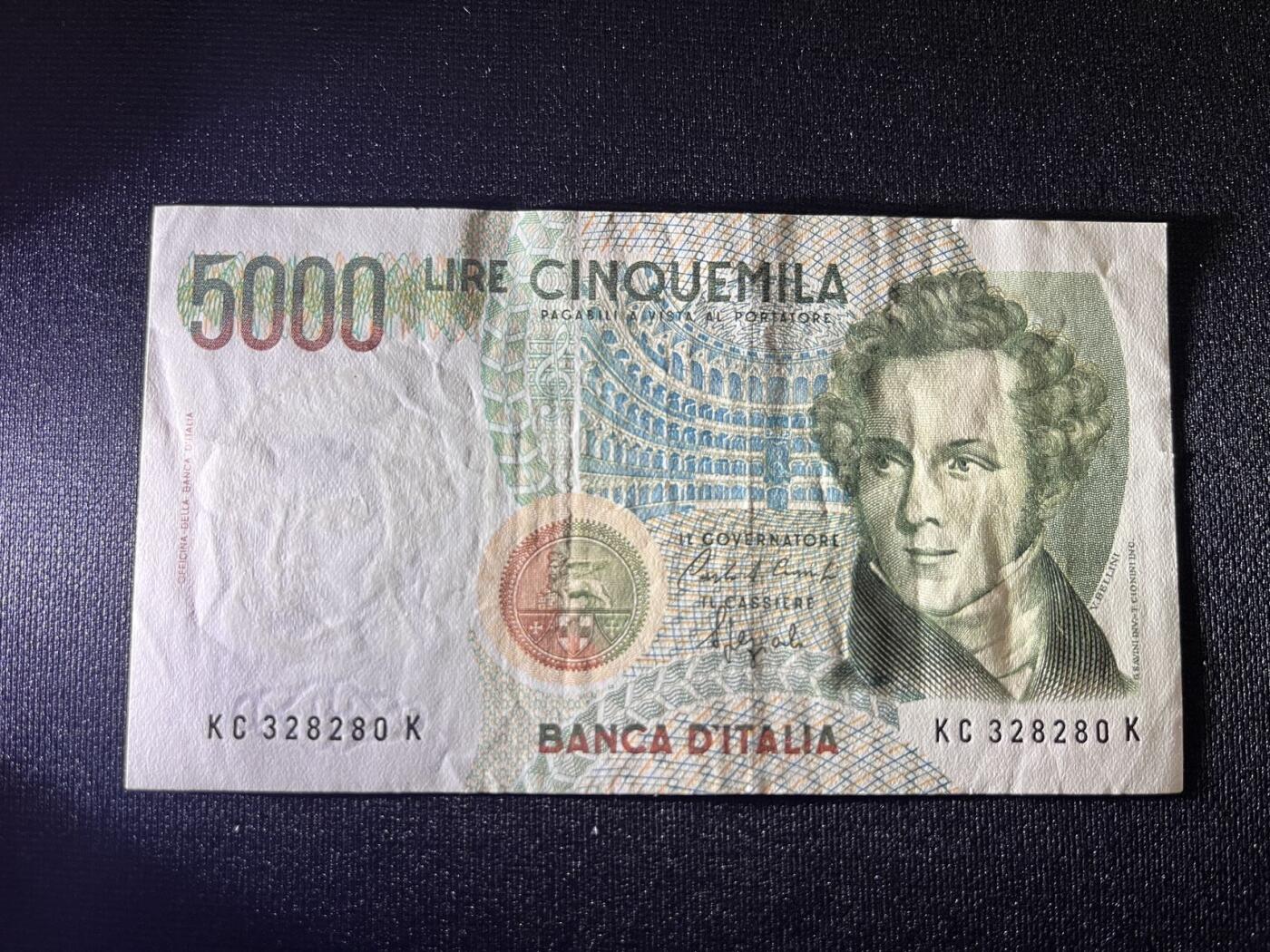 世界各国纸币拍卖 意大利1985年 5000里拉 实物图