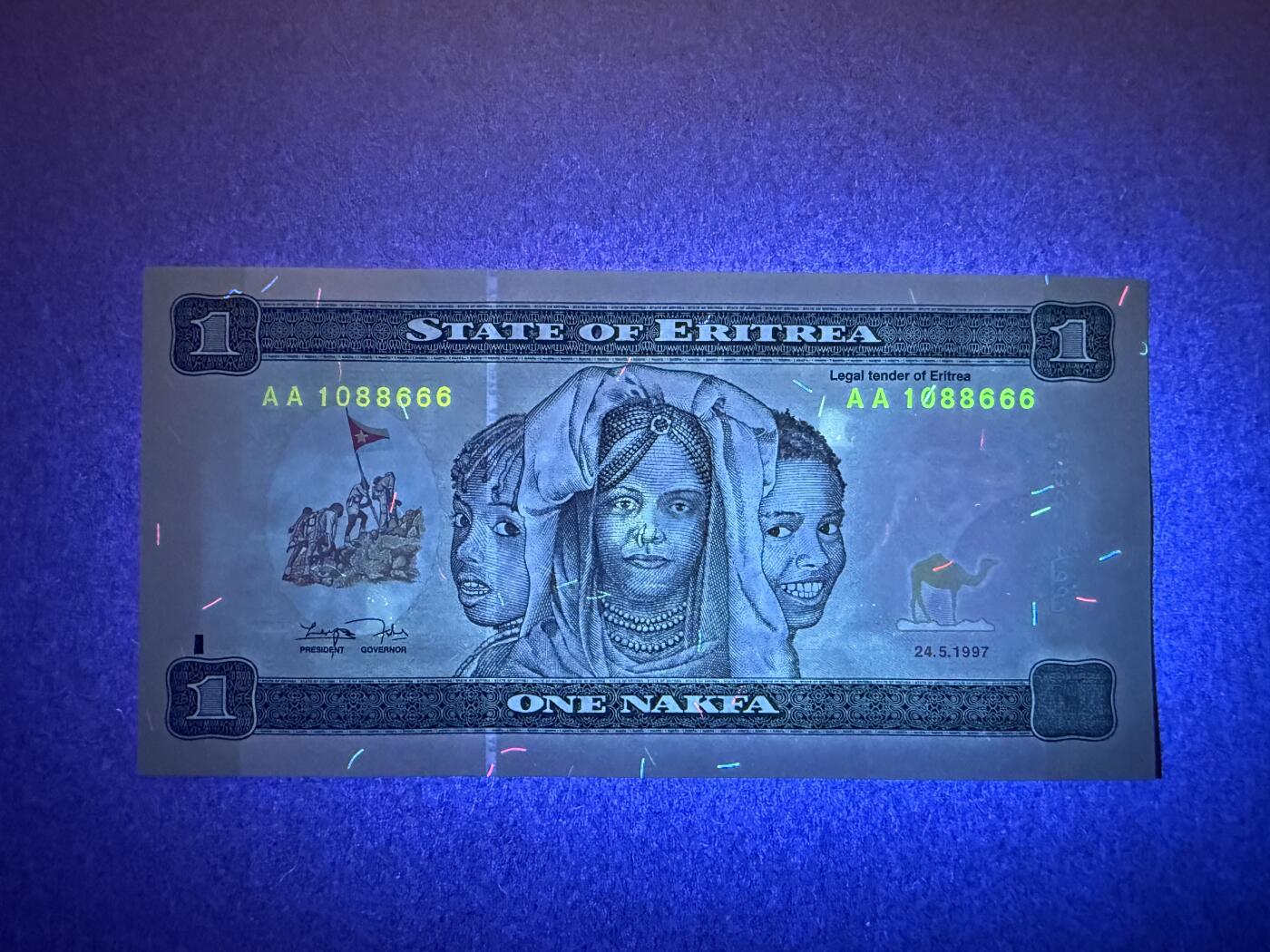 《艾美收藏》第232期-2.22周日外币靓号精品场(春节首拍) 豹子号 厄立特里亚1纳克法 UNC 1997年 AA冠 无347豹子号