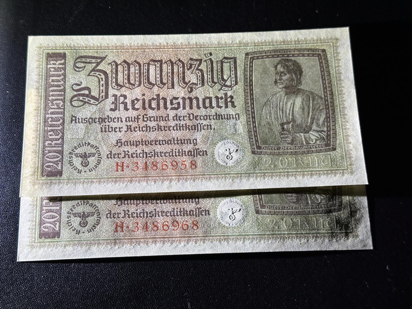 《外钞收藏家》第六百一十二期（ 精选场）（长期征集拍品、欢迎藏友们联系合作） 德国20马克 2张一起 丢勒画作 勃兰登堡门 全新轻微不绝 尾58、68