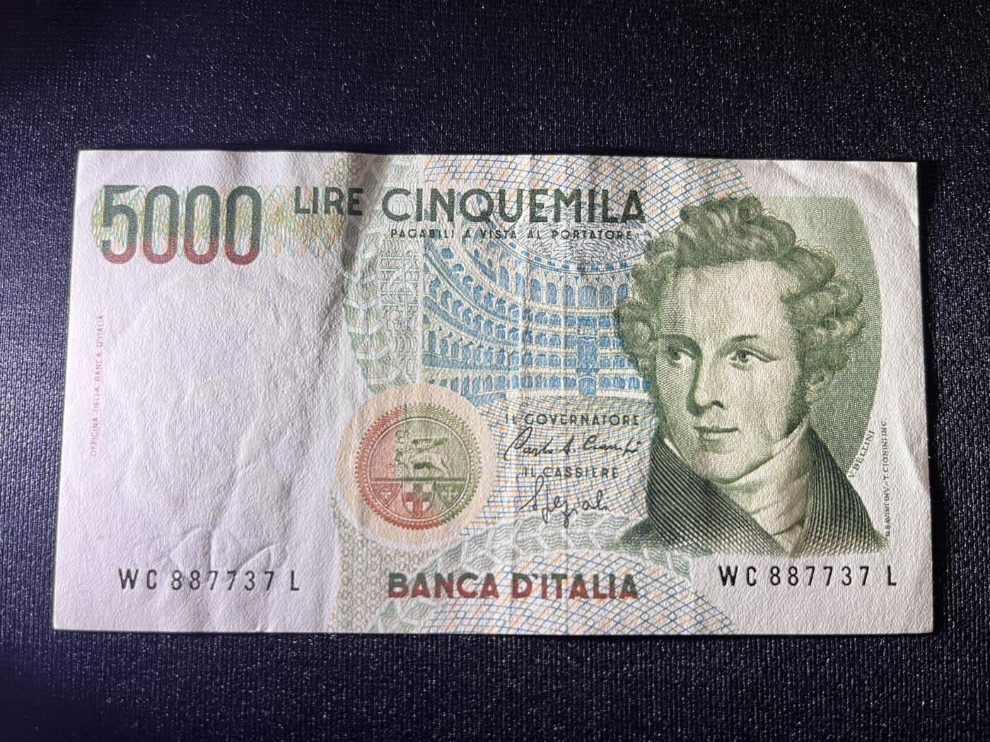 世界各国纸币拍卖 意大利1985年 5000里拉 实物图