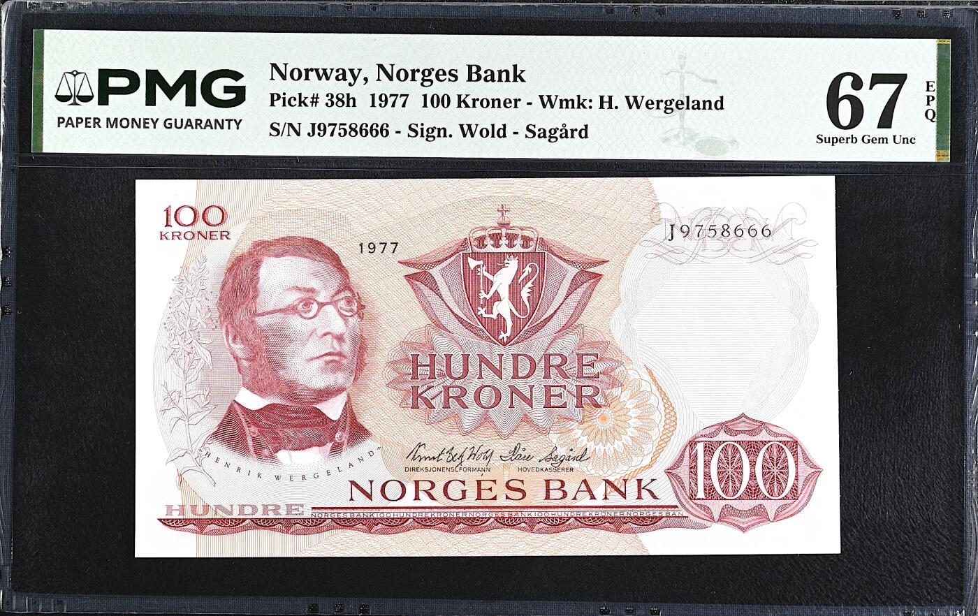 《艾美收藏》第232期-2.22周日外币靓号精品场(春节首拍) 豹子号 挪威100克朗 PMG67E 1977年 挪威戏剧家韦格朗 无4豹子号 冠军分