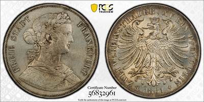 万国钱币拍卖第061期（马年首拍） - PCGS MS62 1861年德国法兰克福少女流通2泰勒 清新淡雅包浆 原味十字转光