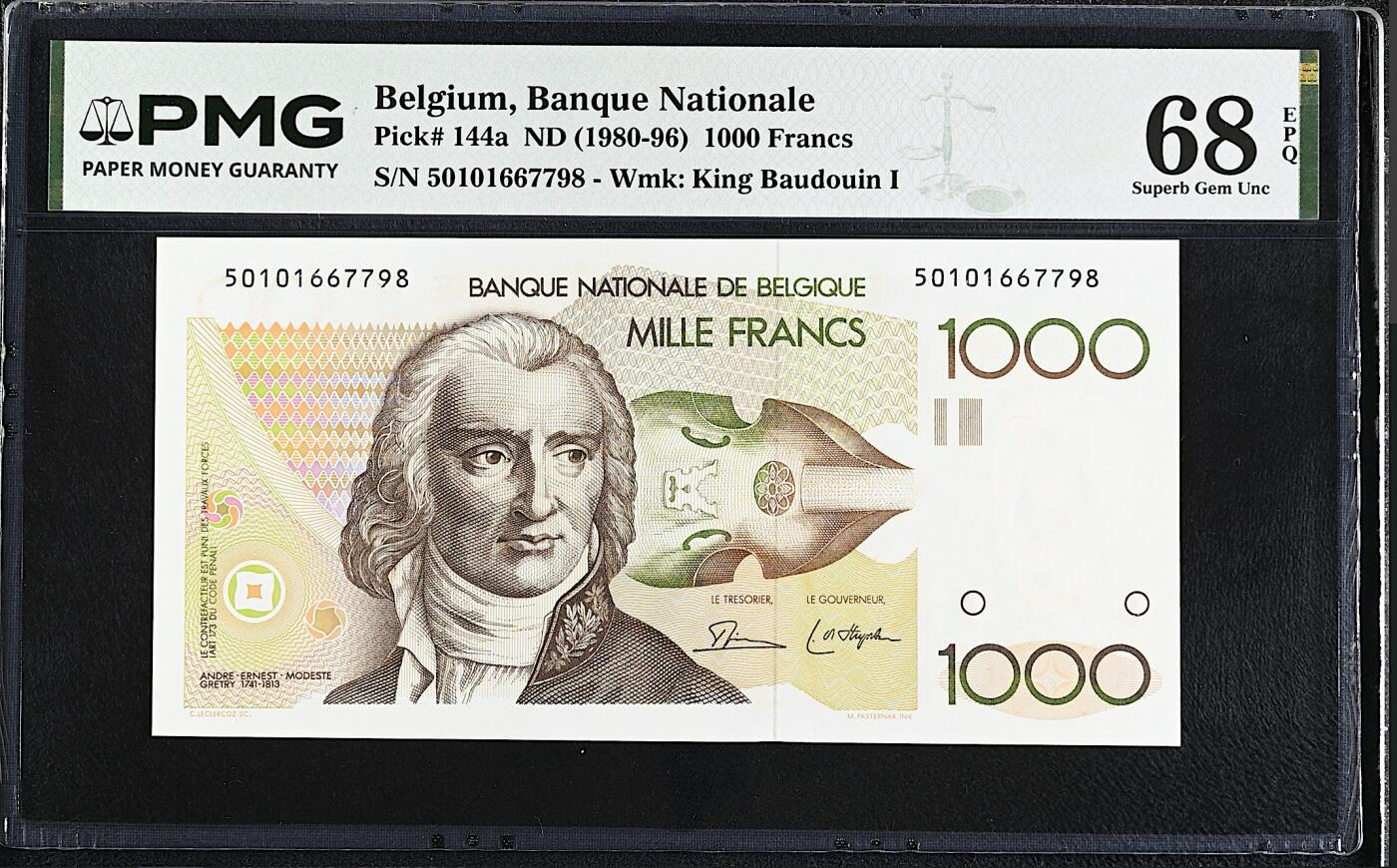 《艾美收藏》第232期-2.22周日外币靓号精品场(春节首拍) 比利时1000法郎 PMG68E 比利时作曲家格雷特里 长号码无4 冠军分 非常难得