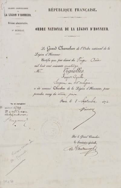 凯旋世界勋赏（持续上新中）（第22期新年大拍）（欢迎送拍）（对拍品有疑问请询问客服，不接受到手刀，出价默认拍品品相。请认真阅读拍卖规则！出价默认已认可！）（收到货请录制开箱视频，无视频概不处理问题。） - 维尼奥勒（罗歇·西里尔）先生，第116团中士，  被任命为荣誉军团骑士勋章获得者，享有同等级别待遇。