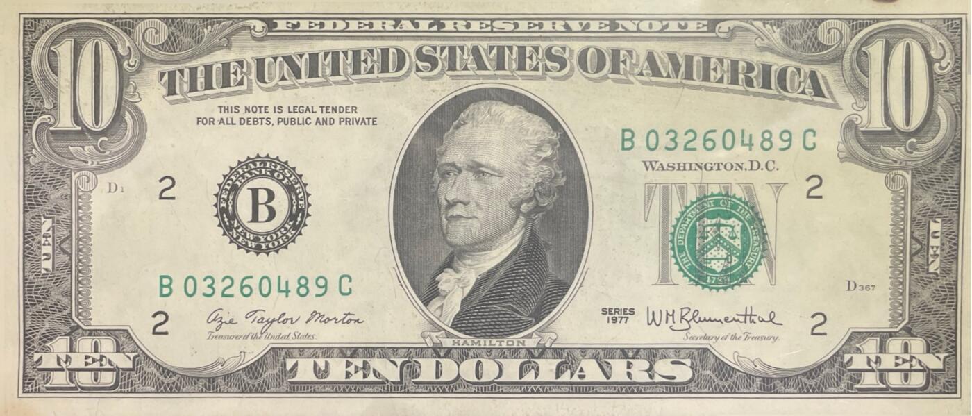 回流0301  1977年版10美元（¥69元）联邦储备券 纽约联邦储备银行（字母“B”，数字标识“2”）