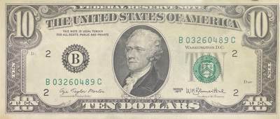 回流0301 -  1977年版10美元（¥69元）联邦储备券 纽约联邦储备银行（字母“B”，数字标识“2”）