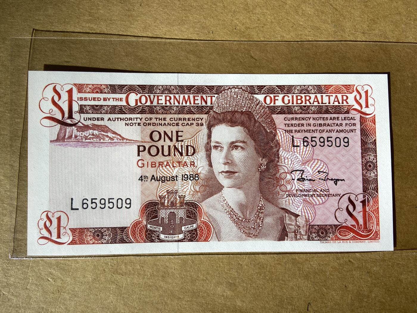 【礼羽收藏】🌏世界钱币拍卖125期 【L659509】全新UNC 1988年直布罗陀1镑纸币 女王钞 无347尾9 钻石号