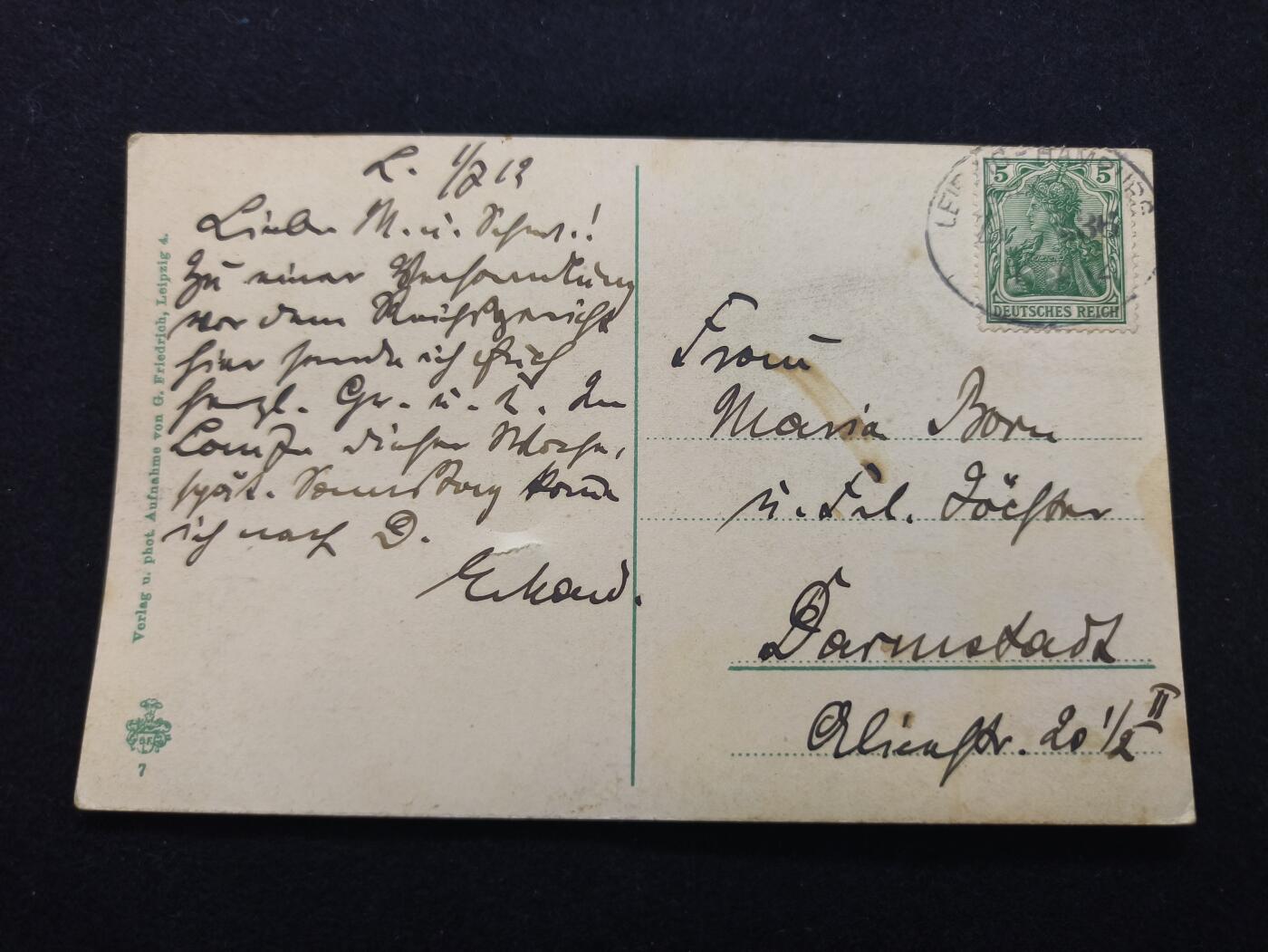 云宸嘉赏-勋臻佳藏新年快速场次（快拍 低佣 一元一手）（新年期间快递正常发） 德意志帝国时期 莱比锡市政厅彩色明信片   爱德华寄给母亲并同时问候玛丽亚・伯恩（Maria Born）   详细看简介