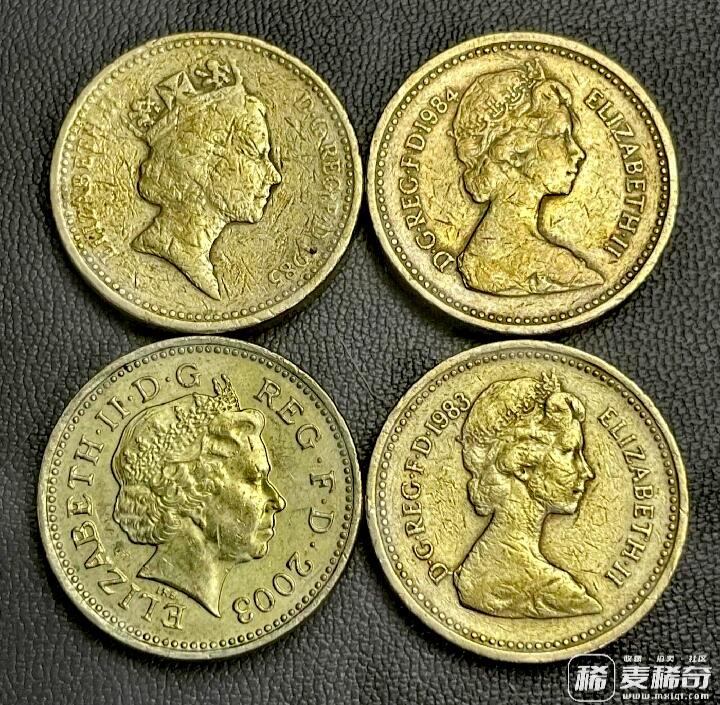 英国1983、84、85、2003年1英磅加厚靓品硬币4枚一组：包括1983年无竖纹稀缺版别及2003年近原光稀有版别