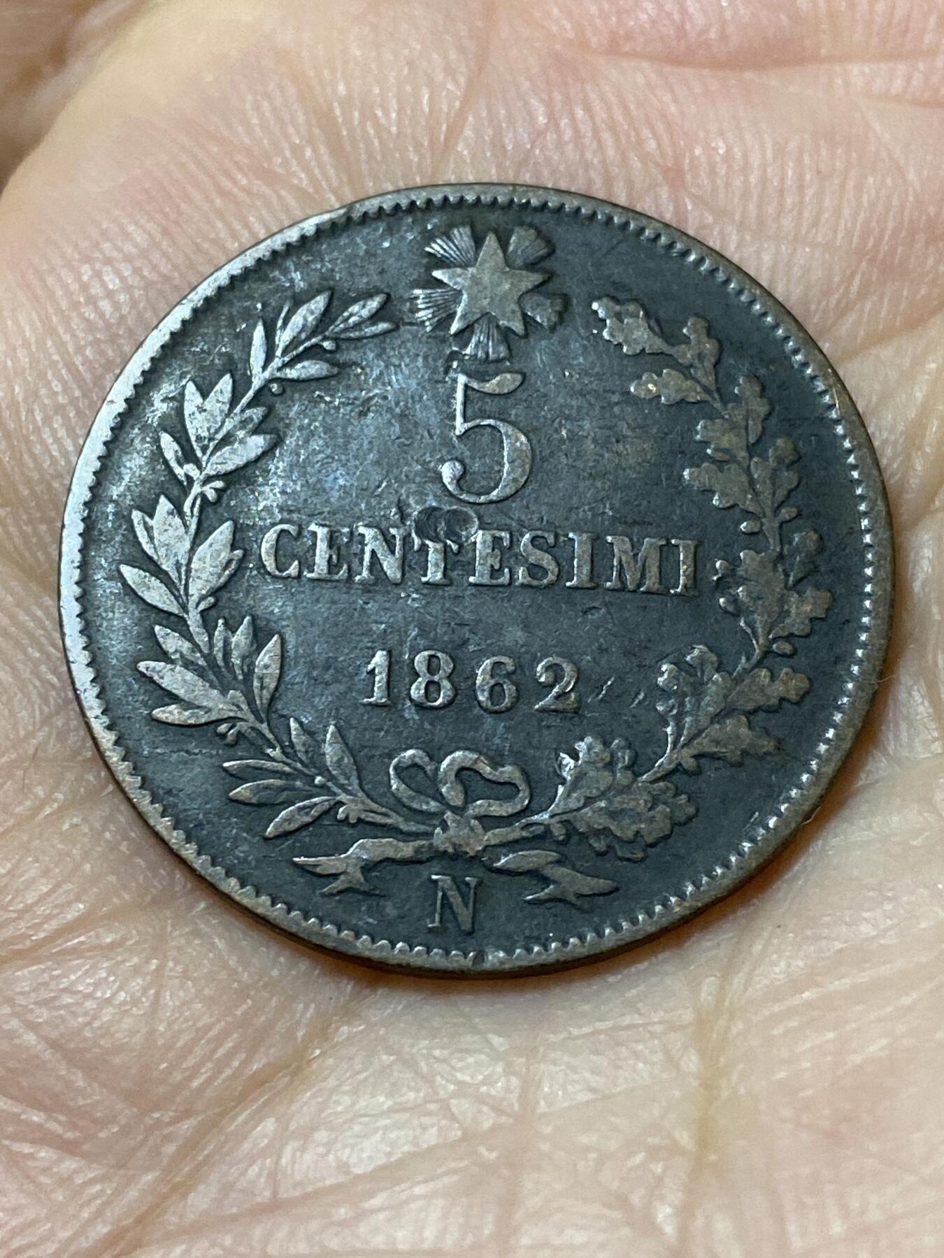 2026年第三十一场(总第二百场)英国一线回流散币新春特拍第三场(免佣金) 意大利王国1862年5分(维托里奥·埃马努埃莱二世，N标那不勒斯造，首发年仅发行2年)