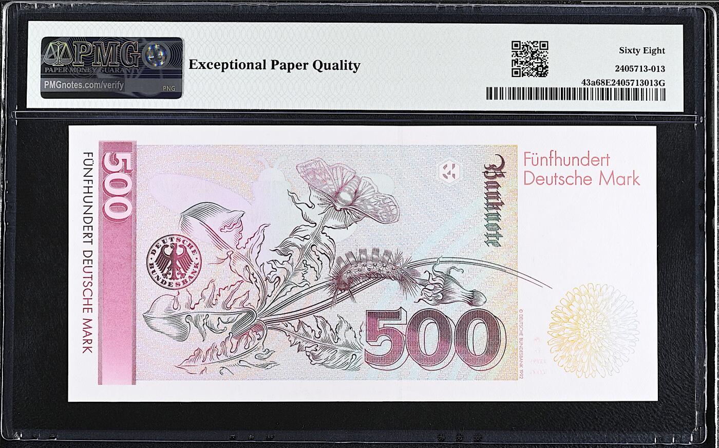 《艾美收藏》第232期-2.22周日外币靓号精品场(春节首拍) 德国500马克 PMG68E 1991年 女画家梅里安 AA冠