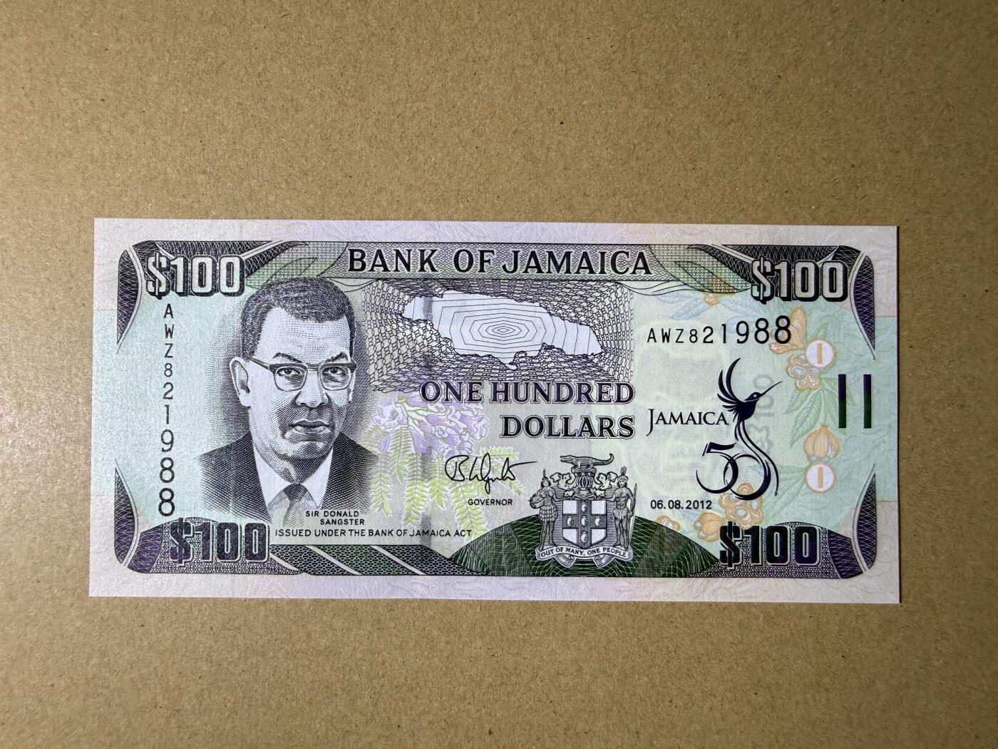 《艾美收藏》第232期-2.22周日外币靓号精品场(春节首拍) 牙买加100元 UNC 2012年 牙买加独立50周年纪念钞 无47双尾88