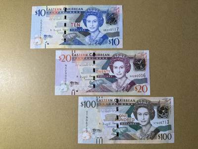 《艾美收藏》第232期-2.22周日外币靓号精品场(春节首拍) - 东加勒比10、20、100元3张 UNC 全程无4