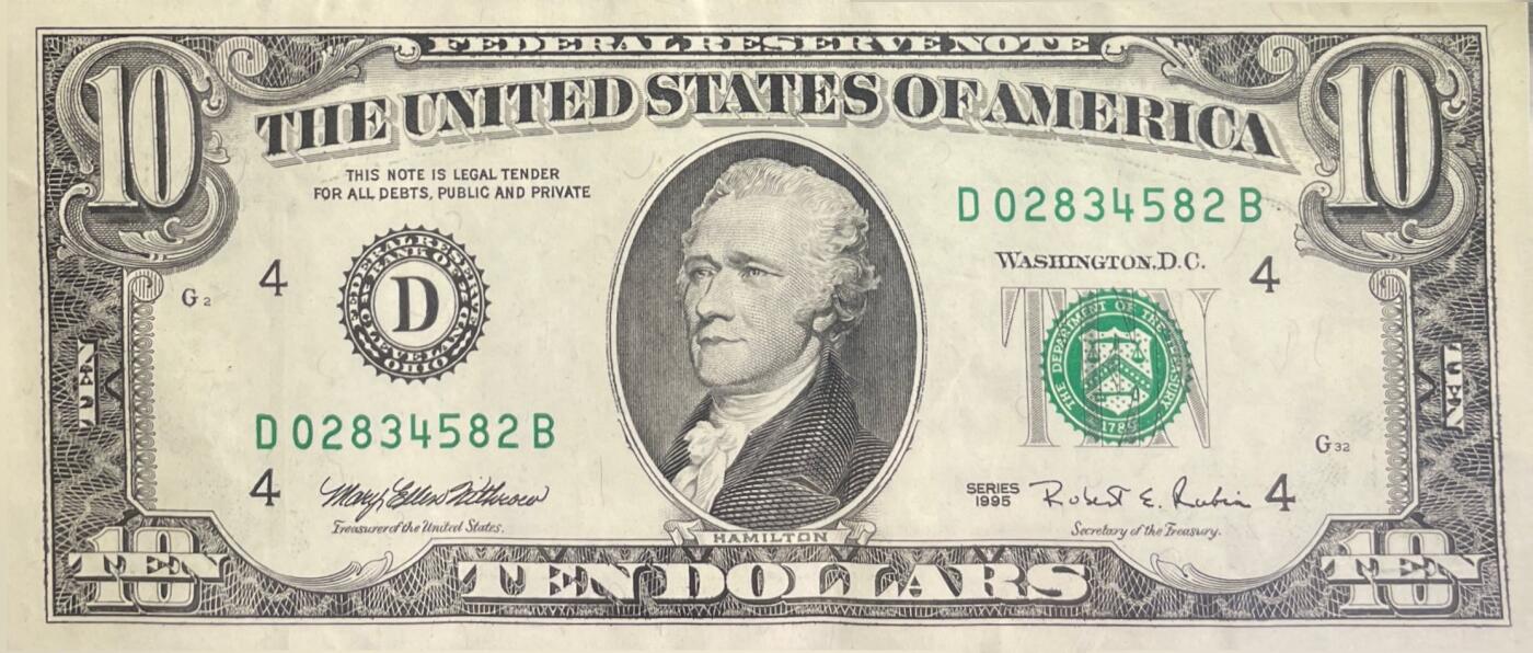回流0301  1995年版10美元联邦储备券三连号（¥207元）克利夫兰联邦储备银行（字母“D”，数字标识“4”）