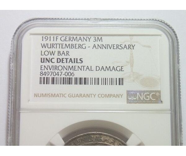 【银】NGC UNC 德国符腾堡1911年 威廉二世银婚3马克银币 开卷原光