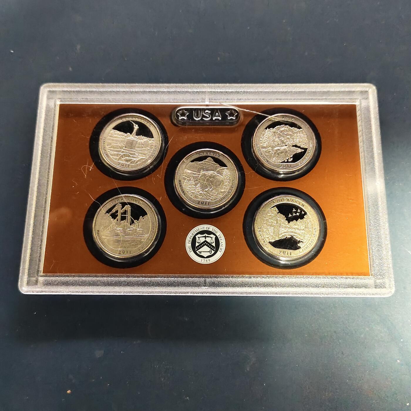 【全场包邮】纯粹捡漏拍505场 美国2011年25分国家公园系列官方盒装精制套币-俄克拉荷马奇克索国家公园+宾夕法尼亚盖兹堡+华盛顿州奥林匹克国家公园+蒙大拿州冰川国家公园+密西西比维克斯堡