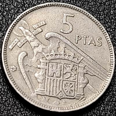 泉币菌-第196场- 新年快乐 新年第4场 本场拍品多 请提前出价 - 西班牙1957年5比塞塔 弗朗哥鹰徽23mm