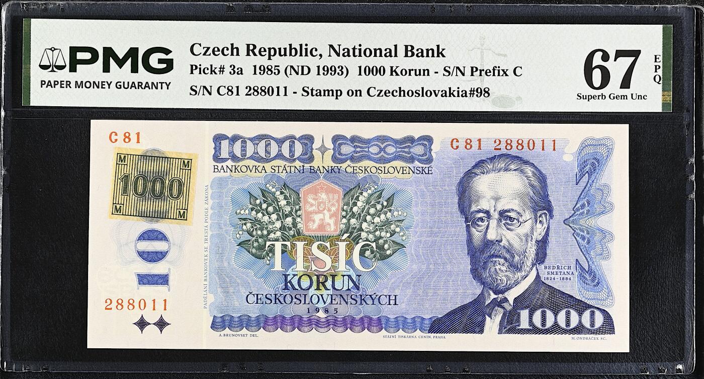 《艾美收藏》第232期-2.22周日外币靓号精品场(春节首拍) 捷克1000克朗 PMG67E 1993年 第一版纸币 无347